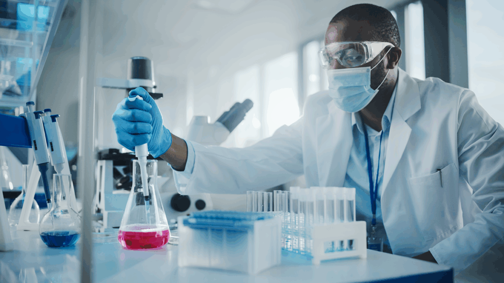 Homem negro em laboratório científico.