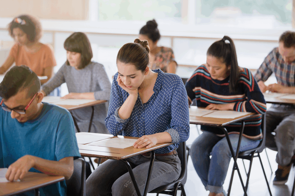 Grupo de estudantes em uma sala fazendo prova. Política de cotas.
