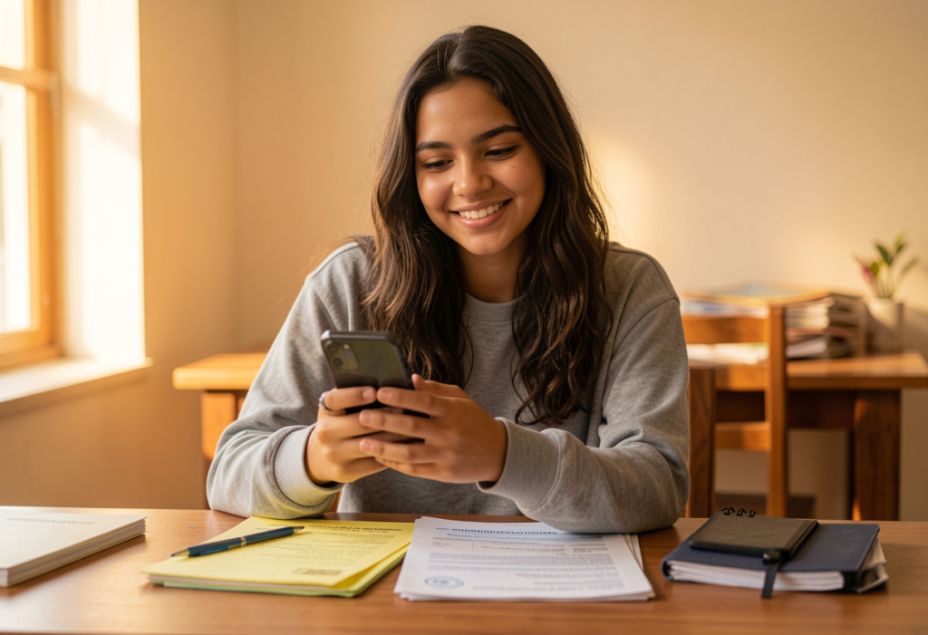Estudante consultando o celular ao lado de documentos de matrícula sobre a mesa