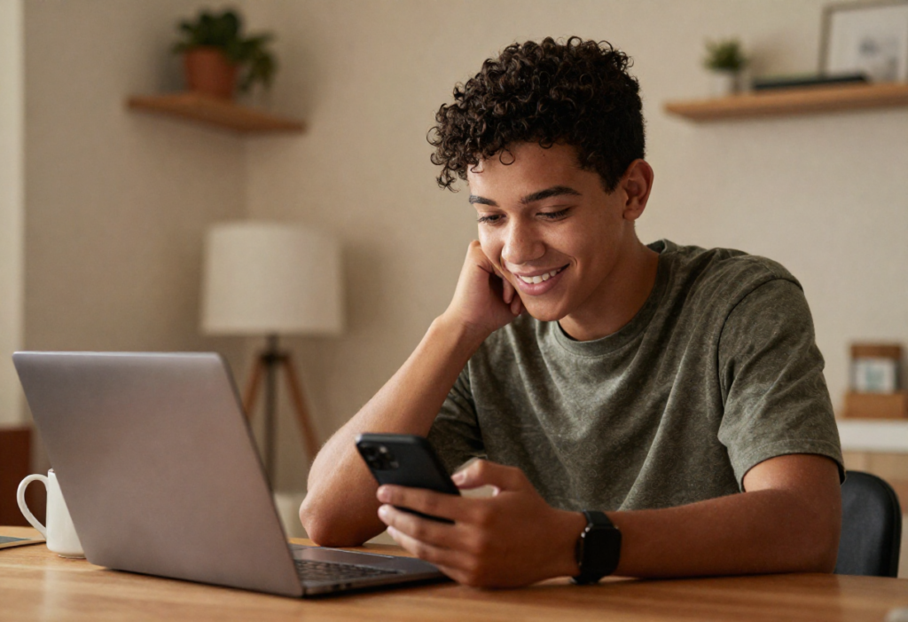 Estudante sorrindo enquanto usa o celular e o notebook em casa, organizando o pagamento da faculdade