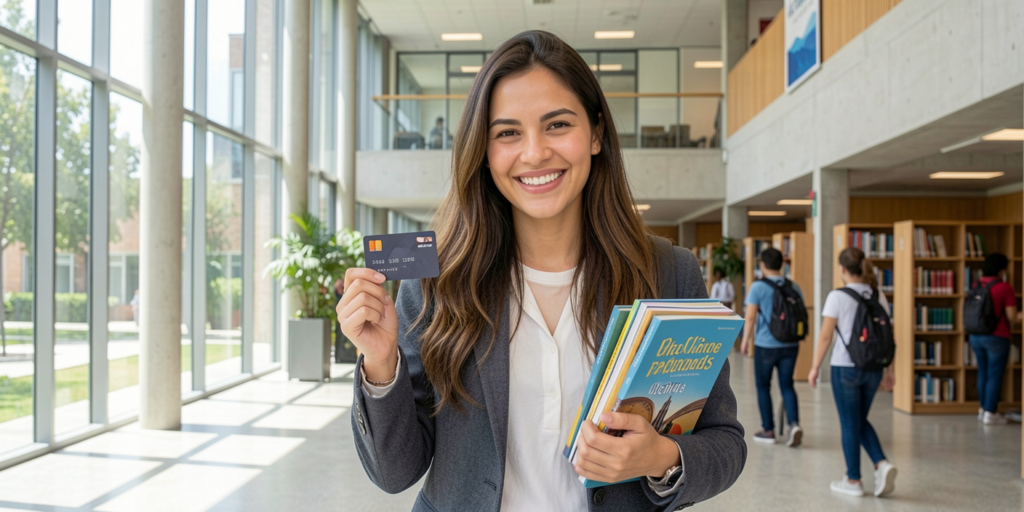 Estudante feliz segurando um cartão e materiais de estudo no corredor da faculdade