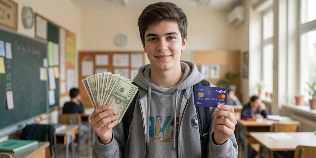 Estudante segurando em uma mão notas de dinheiro e em outra mão um cartão de Crédito