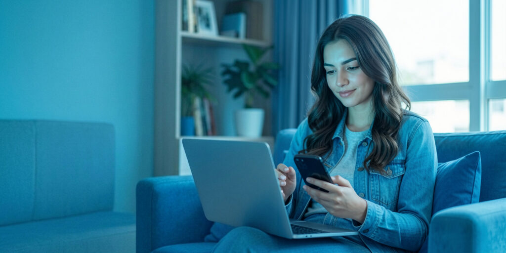 Jovem usando o notebook e o celular em casa para negociar a dívida da faculdade pelo Vaiquitar