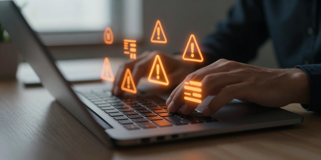 Pessoa digitando em notebook com sinais de alerta, representando o risco de golpe de boleto falso