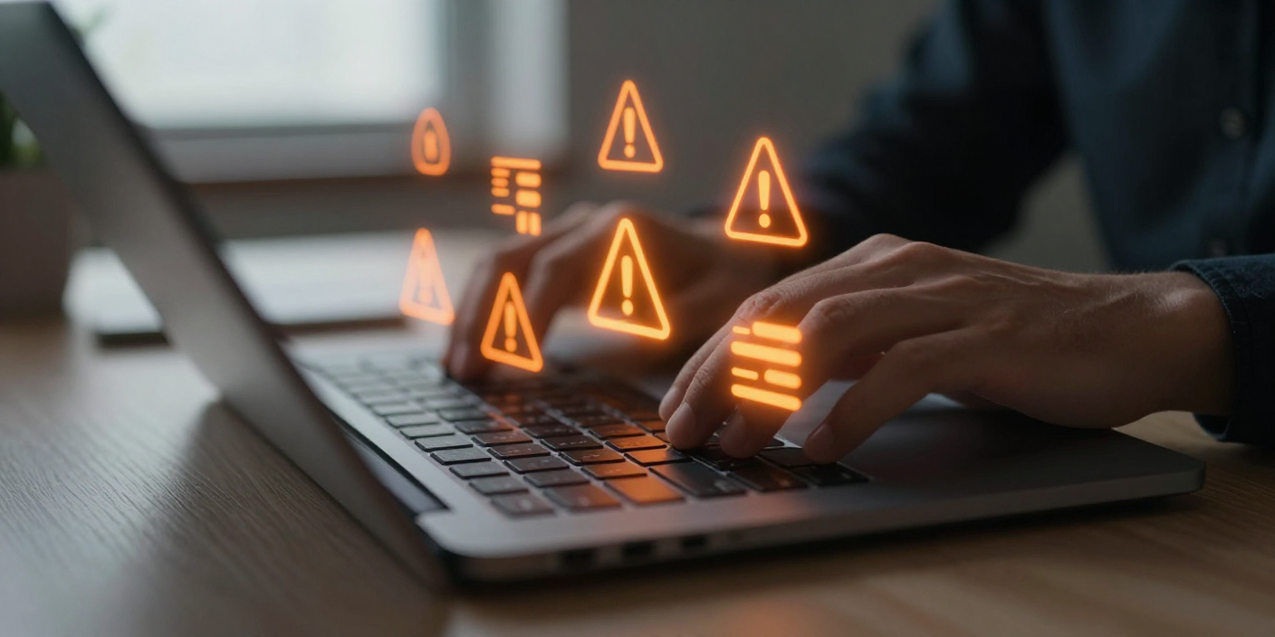 Pessoa digitando em notebook com sinais de alerta, representando o risco de golpe de boleto falso