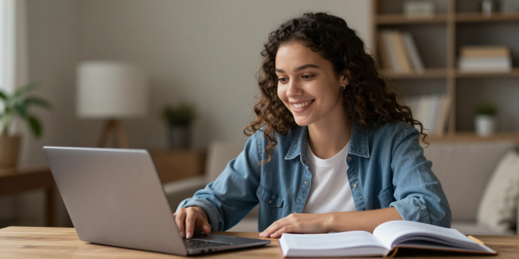 Estudante sorrindo ao usar o notebook em casa enquanto organiza as finanças para quitar a dívida da faculdade