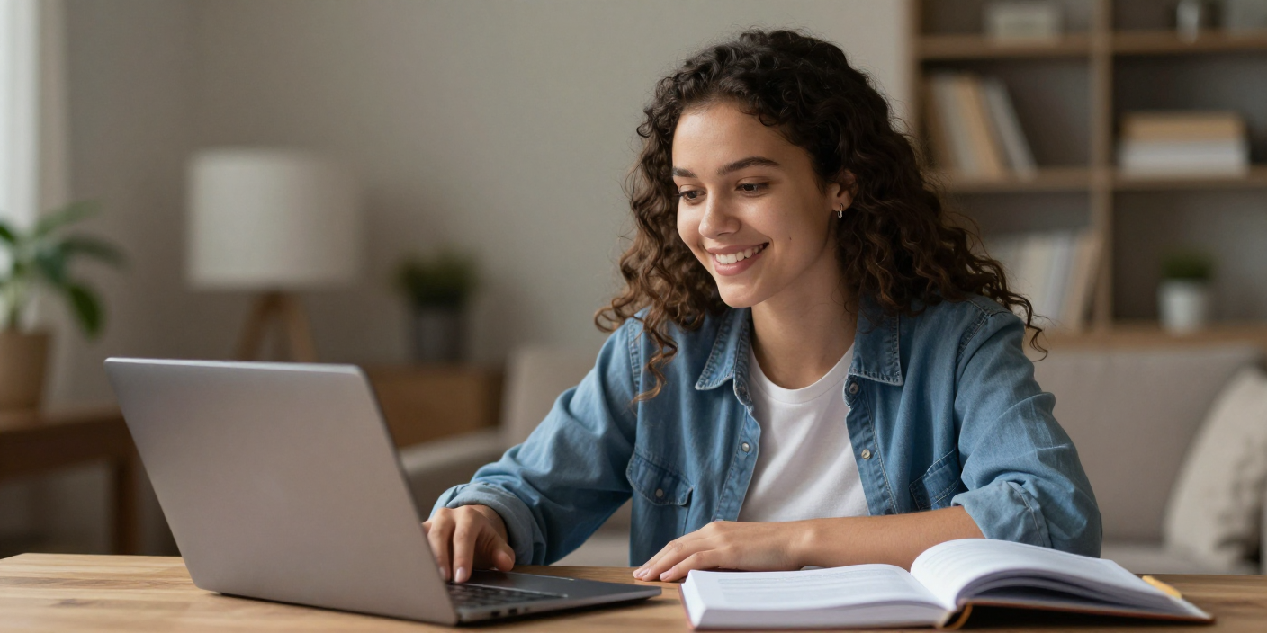 Estudante sorrindo ao usar o notebook em casa enquanto organiza as finanças para quitar a dívida da faculdade