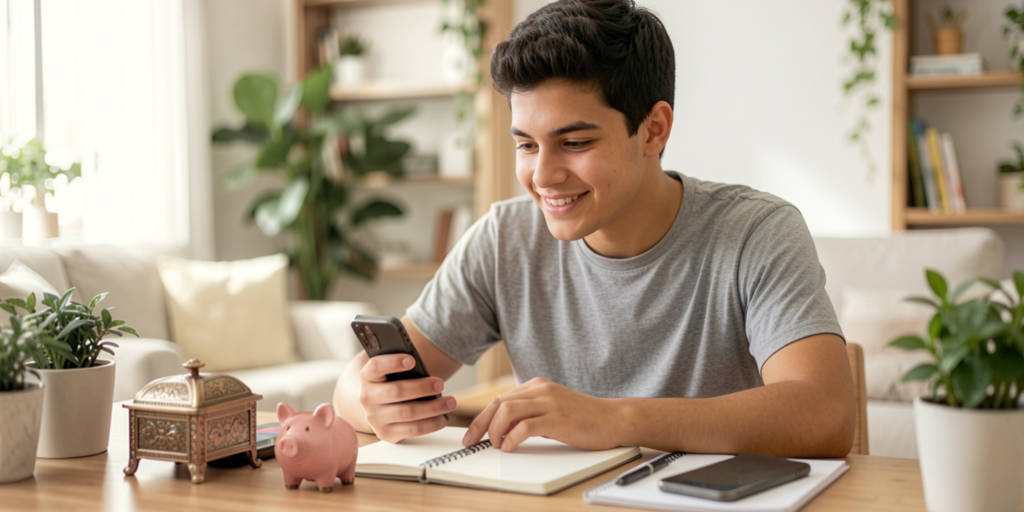 Jovem estudante sorrindo com o celular e um caderno enquanto faz o controle de gastos em casa