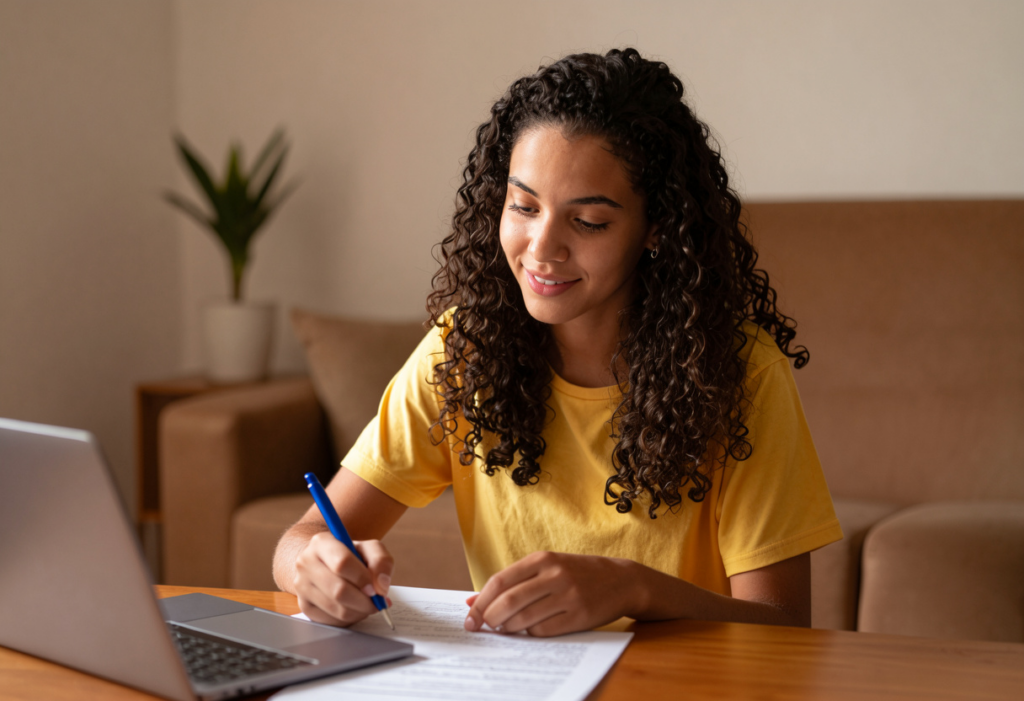 Jovem anotando informações enquanto negocia a dívida da faculdade pelo notebook