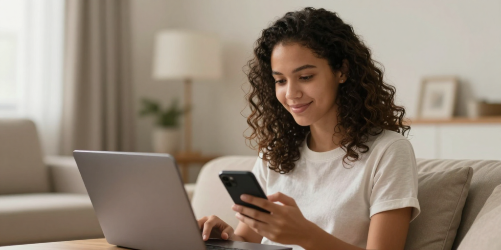 Jovem usando o notebook e o celular em casa para consultar a situação do nome negativado por dívida da faculdade
